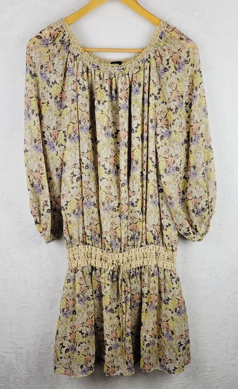 Cottagecore S Dress Silk Mini Long Sleeve Tie Waist Line Colorful Floral Fairy